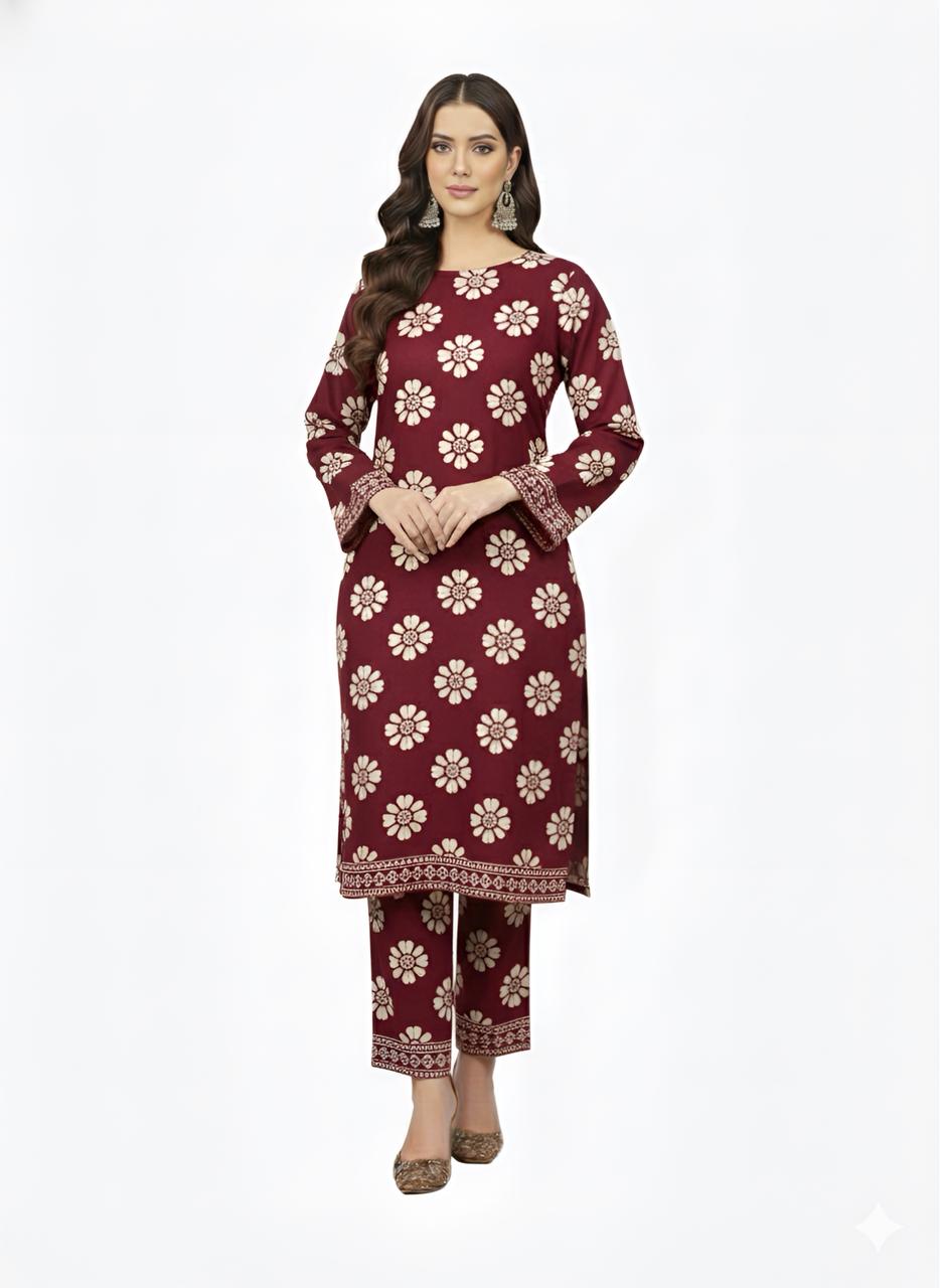 All Over Floral 2-Piece Khaddar Suit – Maroon Elegance