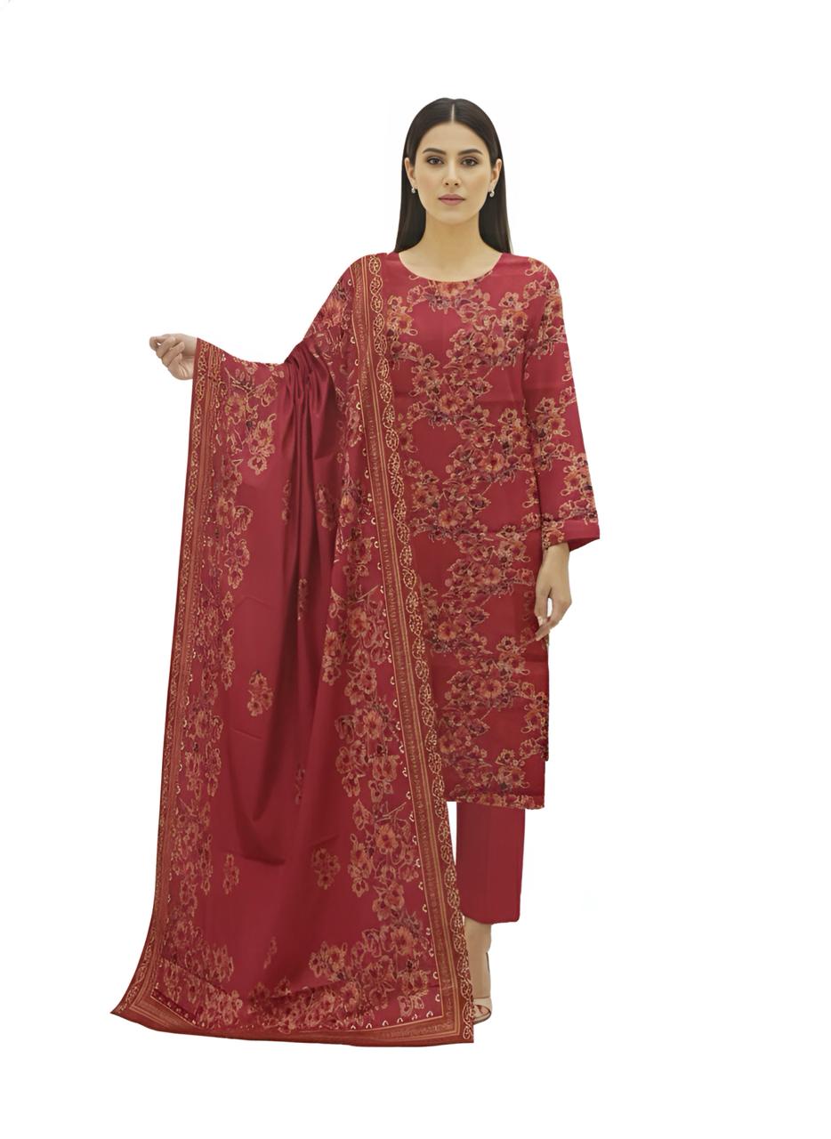 3-Piece Khaddar Suit – Red Floral Charm