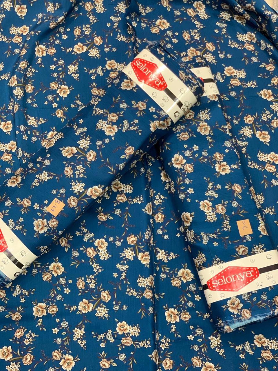 Selonya Viscose Floral Printed Fabric – Blue Base