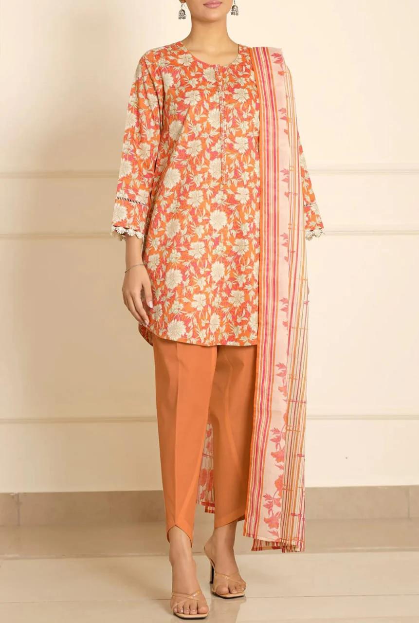 SAYA – 3-Piece Printed Lawn Suit – Sunset Zest